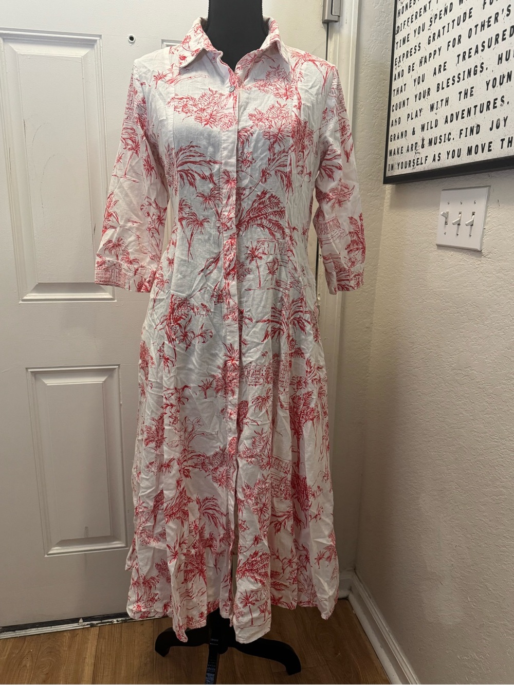 Joie White Maxi Shirt Dress with Red Tropical Print 0549